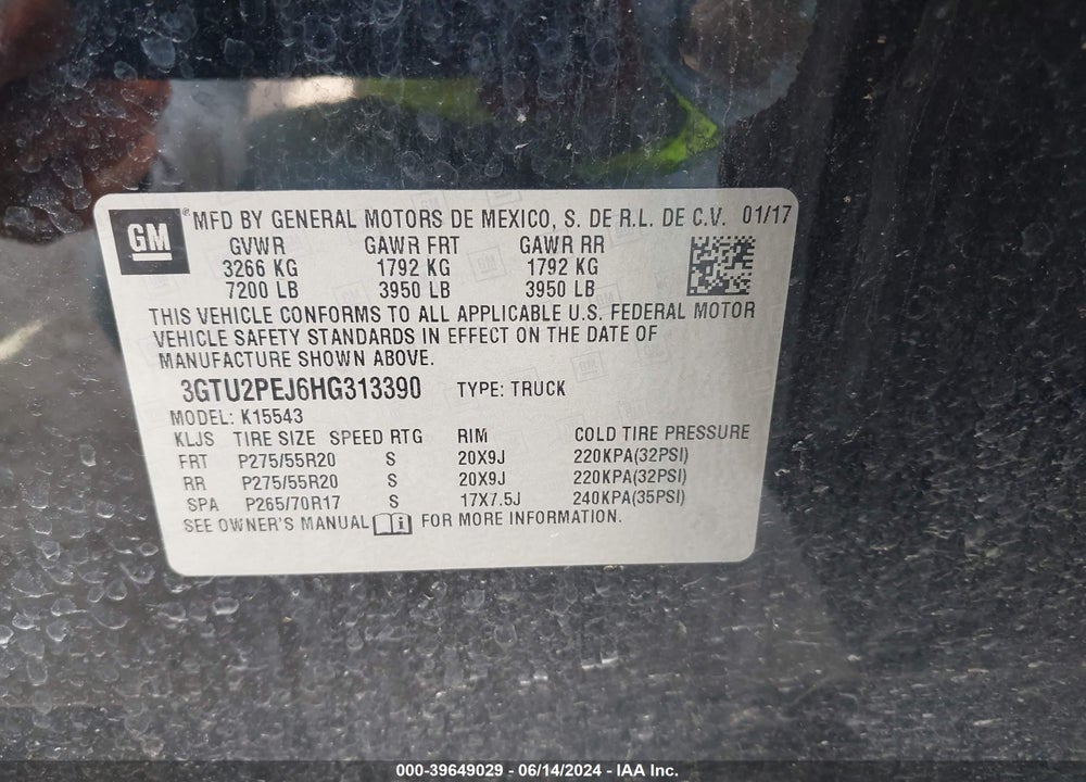 2017 GMC SIERRA 1500 DENALI VIN: 3GTU2PEJ6HG313390