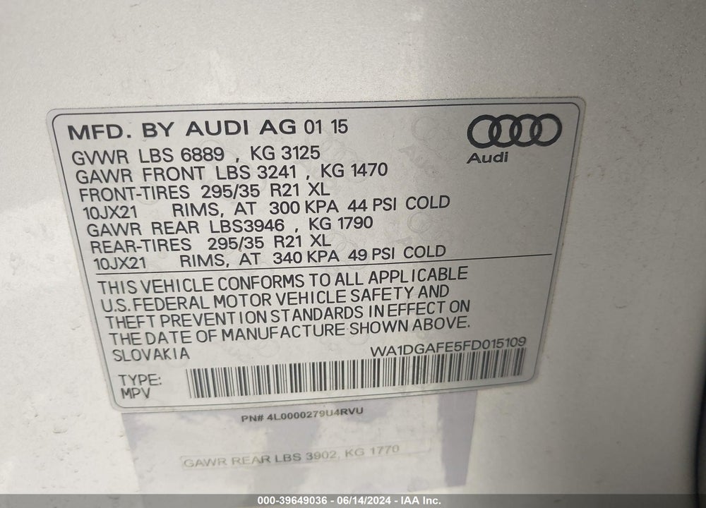 2015 AUDI Q7 3.0T S LINE PRESTIGE VIN: WA1DGAFE5FD015109