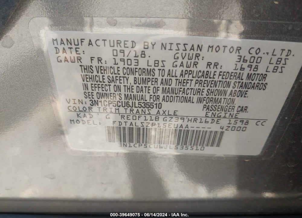 2018 NISSAN KICKS SV VIN: 3N1CP5CU6JL535510