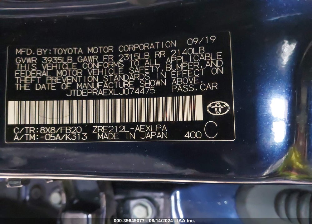 2020 TOYOTA COROLLA LE VIN: JTDEPRAEXLJ074475