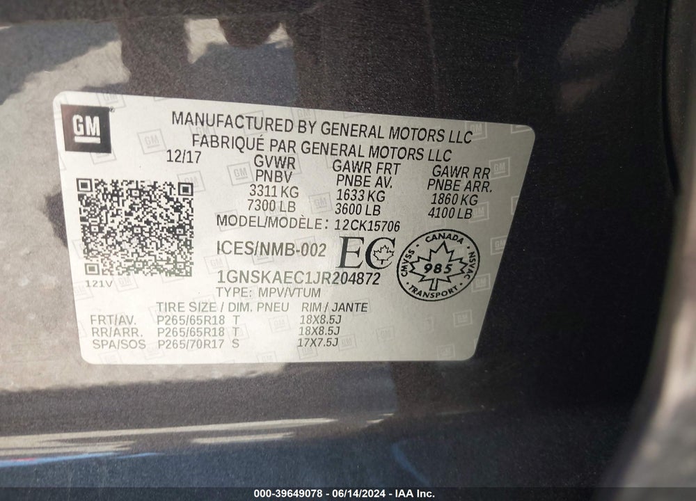2018 CHEVROLET TAHOE LS VIN: 1GNSKAEC1JR204872