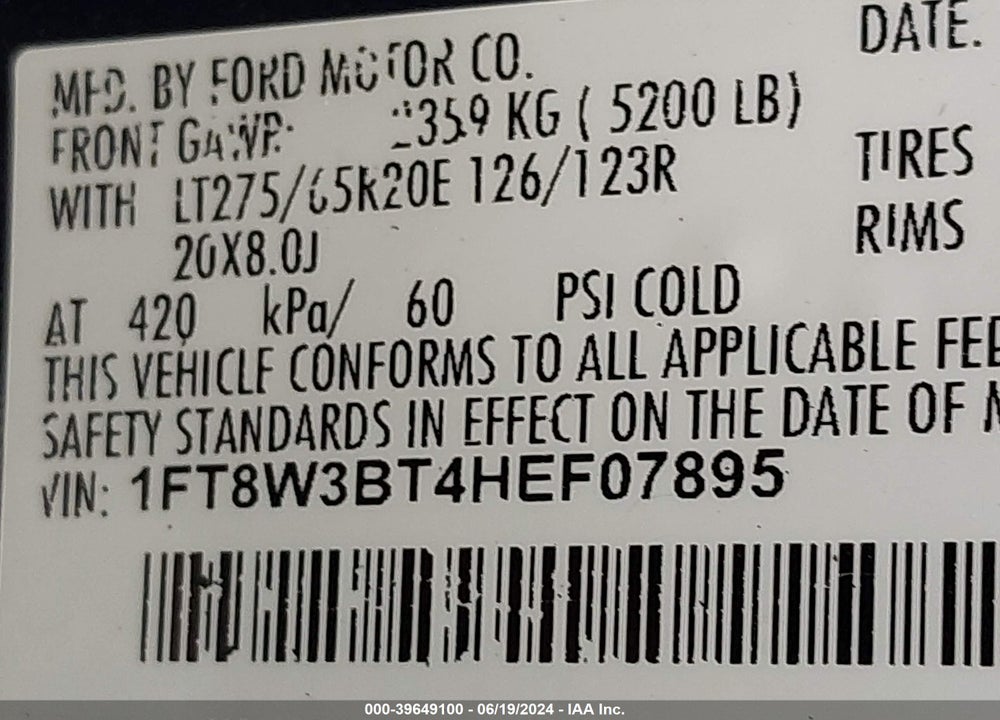 2017 FORD F-350 KING RANCH VIN: 1FT8W3BT4HEF07895