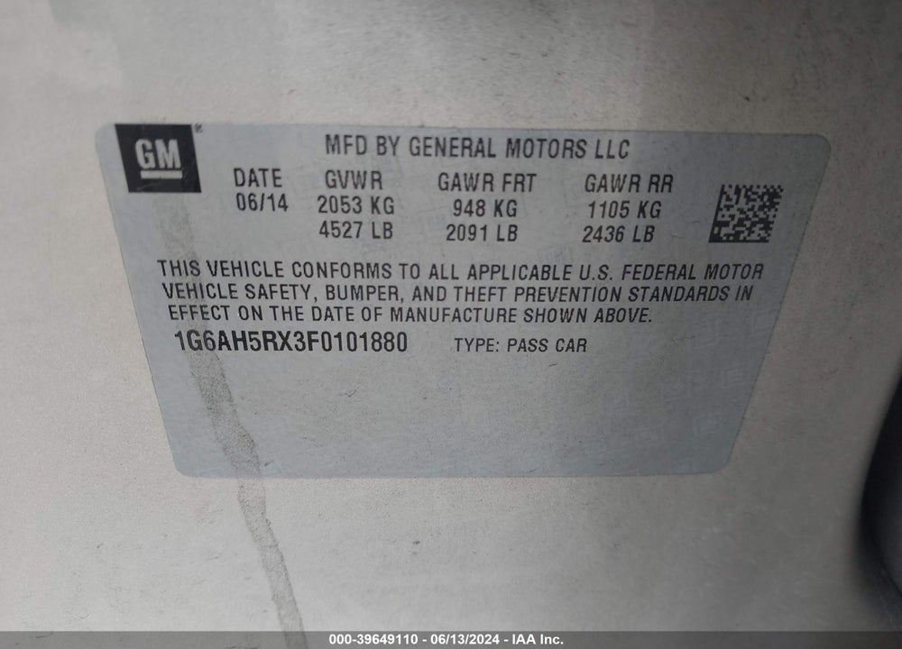 2015 CADILLAC ATS LUXURY VIN: 1G6AH5RX3F0101880