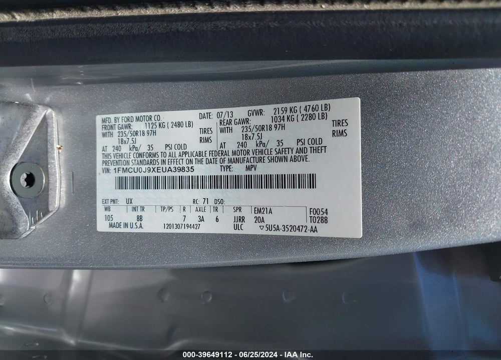 2014 FORD ESCAPE TITANIUM VIN: 1FMCU0J9XEUA39835