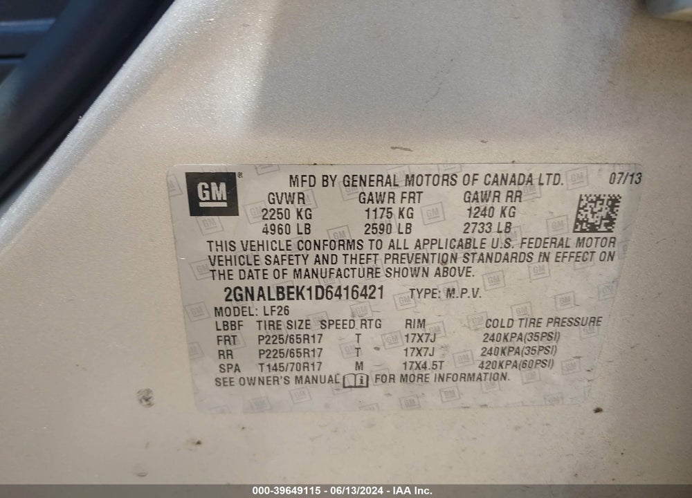 2013 CHEVROLET EQUINOX LS VIN: 2GNALBEK1D6416421