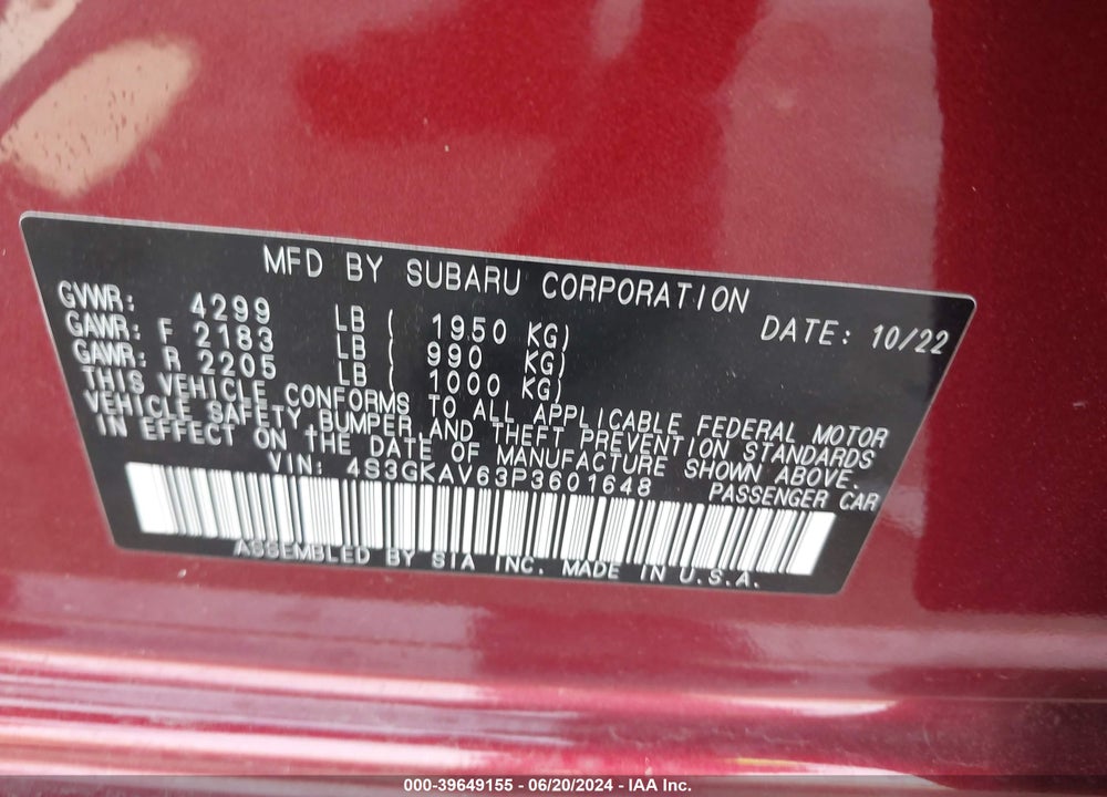 2023 SUBARU IMPREZA PREMIUM VIN: 4S3GKAV63P3601648