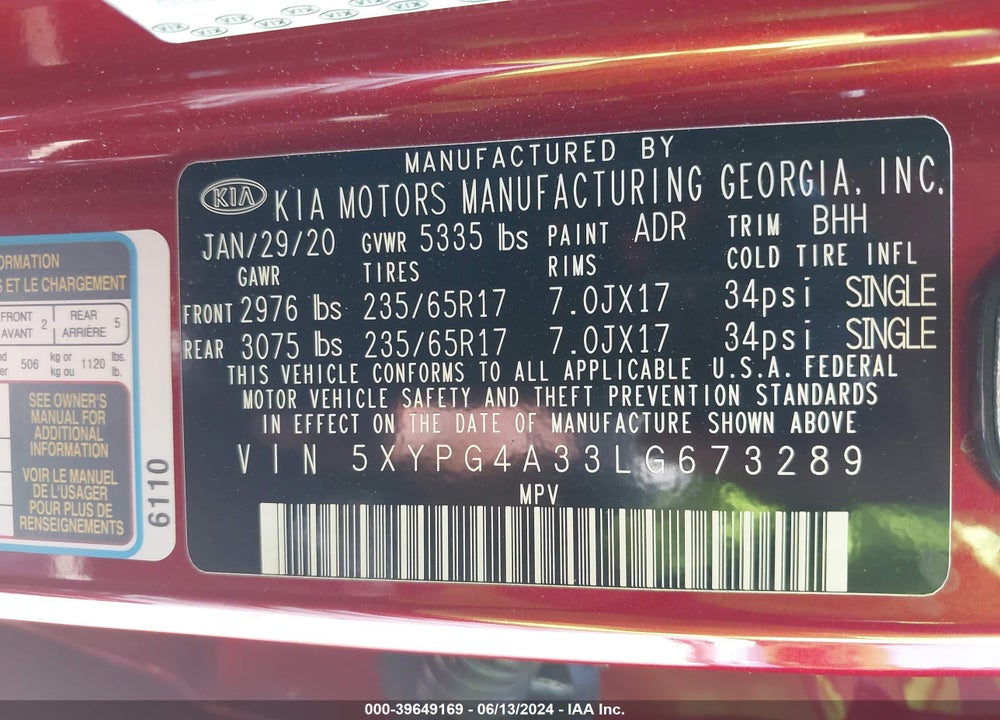 2020 KIA SORENTO VIN: 5XYPG4A33LG673289