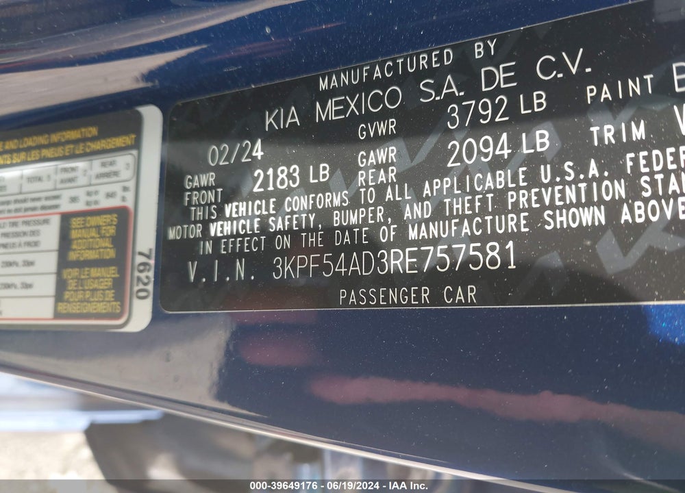 2024 KIA FORTE GT LINE VIN: 3KPF54AD3RE757581