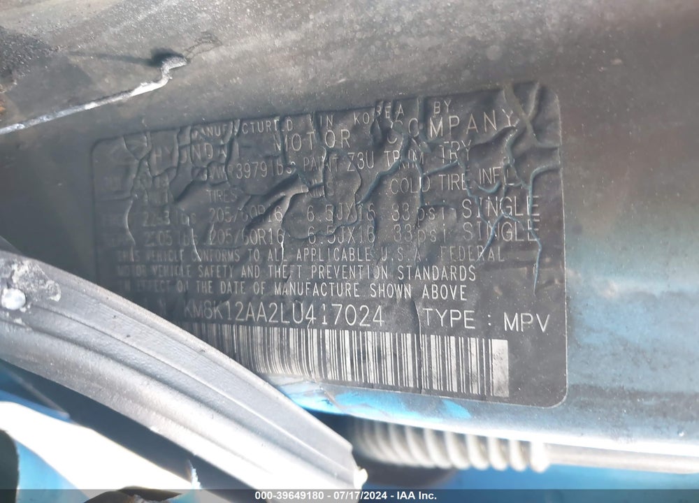 2020 HYUNDAI KONA SE VIN: KM8K12AA2LU417024
