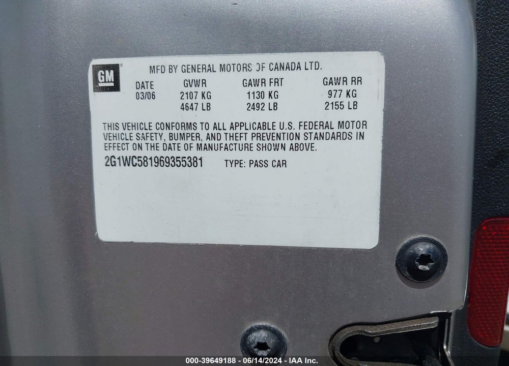 2006 CHEVROLET IMPALA LT VIN: 2G1WC581969355381