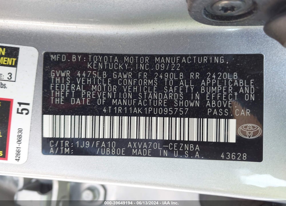 2023 TOYOTA CAMRY LE VIN: 4T1R11AK1PU095757