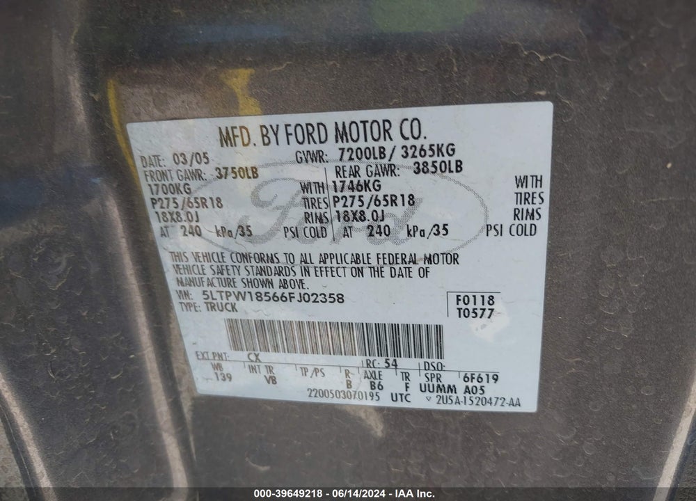 2006 LINCOLN MARK LT VIN: 5LTPW18566FJ02358