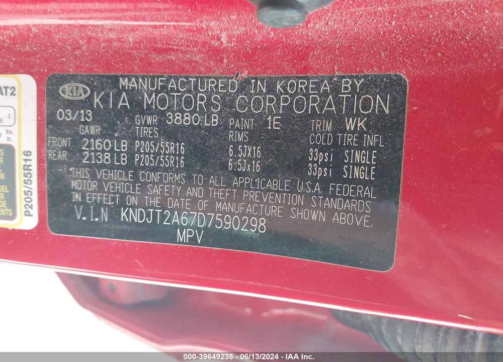 2013 KIA SOUL VIN: KNDJT2A67D7590298