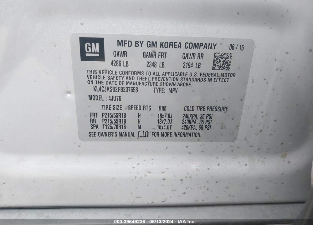 2015 BUICK ENCORE VIN: KL4CJASB2FB237658