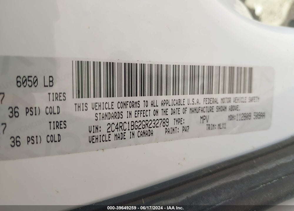 2016 CHRYSLER TOWN & COUNTRY TOURING VIN: 2C4RC1BG2GR232789
