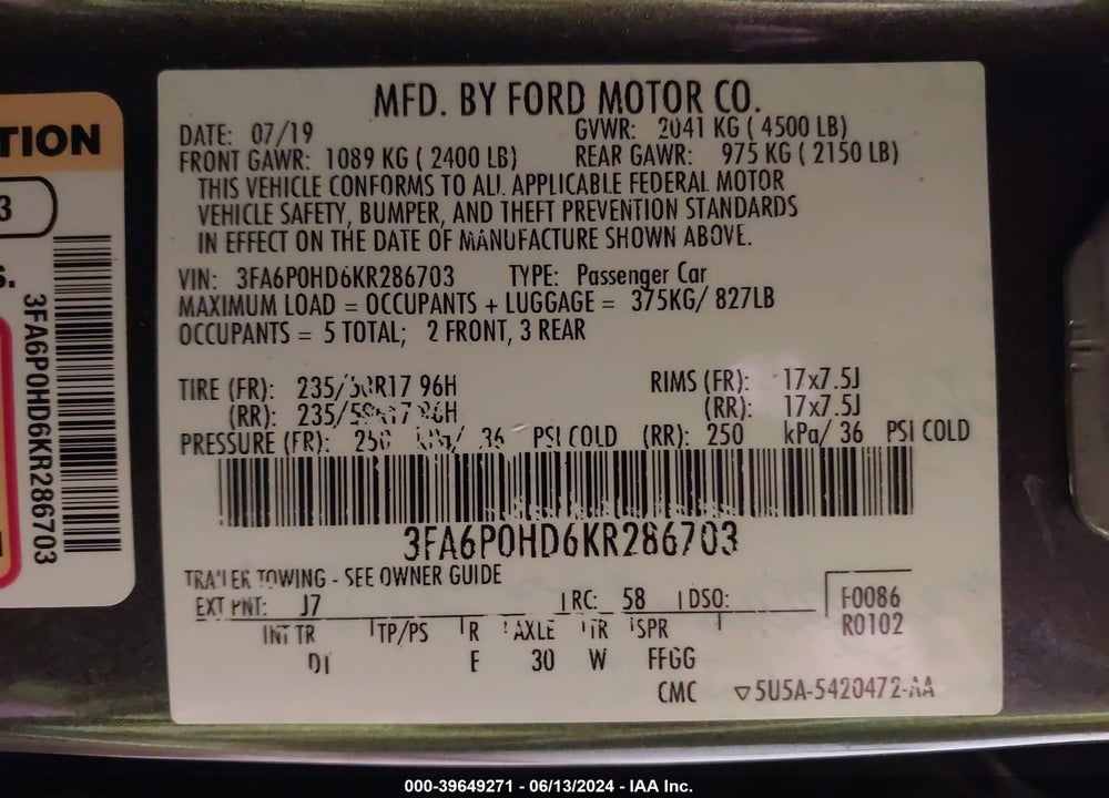 2019 FORD FUSION VIN: 3FA6P0HD6KR286703