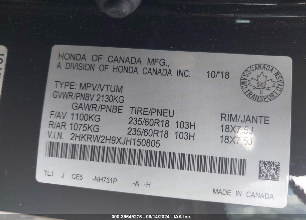2018 HONDA CR-V TOURING VIN: 2HKRW2H9XJH150805