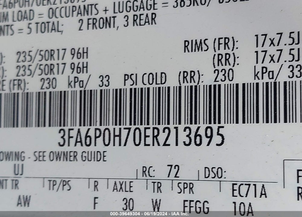 2014 FORD FUSION SE VIN: 3FA6P0H70ER213695