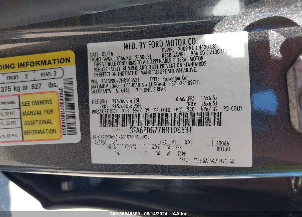 2017 FORD FUSION S VIN: 3FA6P0G77HR108531
