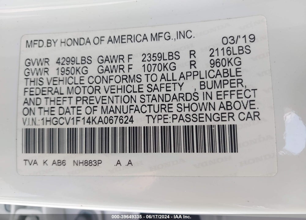 2019 HONDA ACCORD VIN: 1HGCV1F14KA067624
