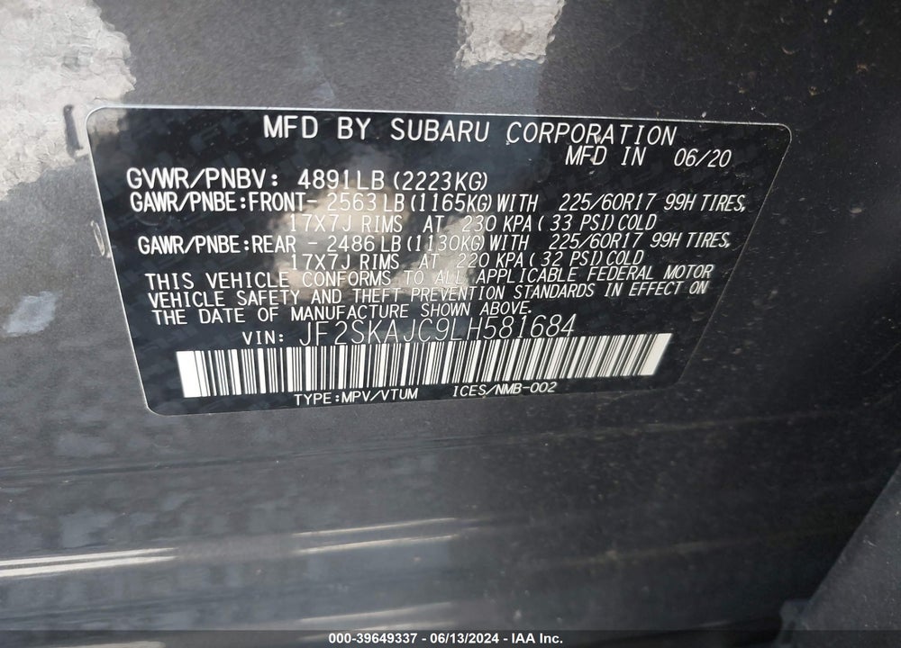 2020 SUBARU FORESTER PREMIUM VIN: JF2SKAJC9LH581684