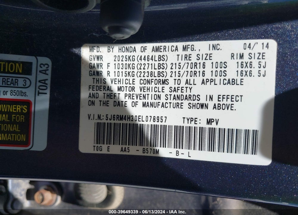 2014 HONDA CR-V LX VIN: 5J6RM4H30EL078957