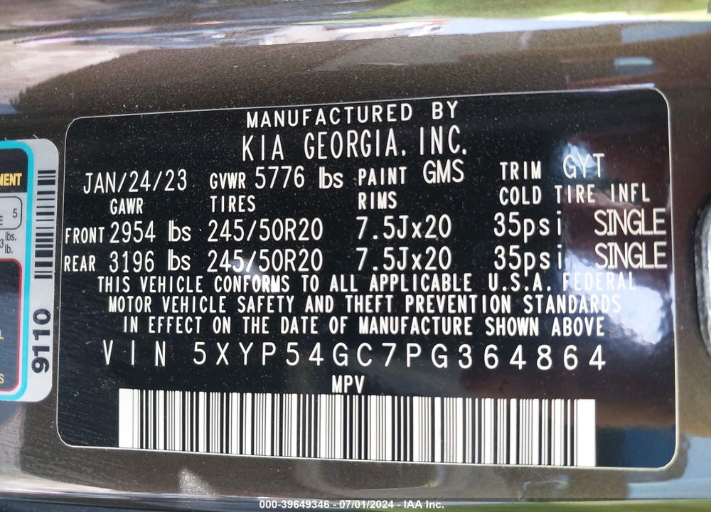 2023 KIA TELLURIDE SX VIN: 5XYP54GC7PG364864