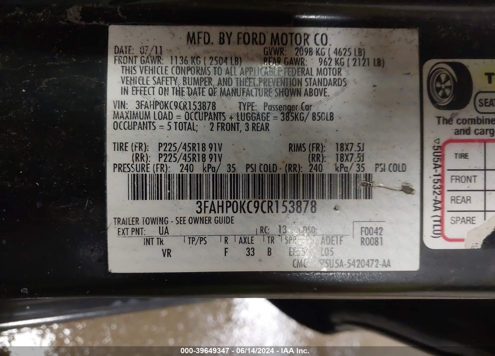 2012 FORD FUSION SPORT VIN: 3FAHP0KC9CR153878