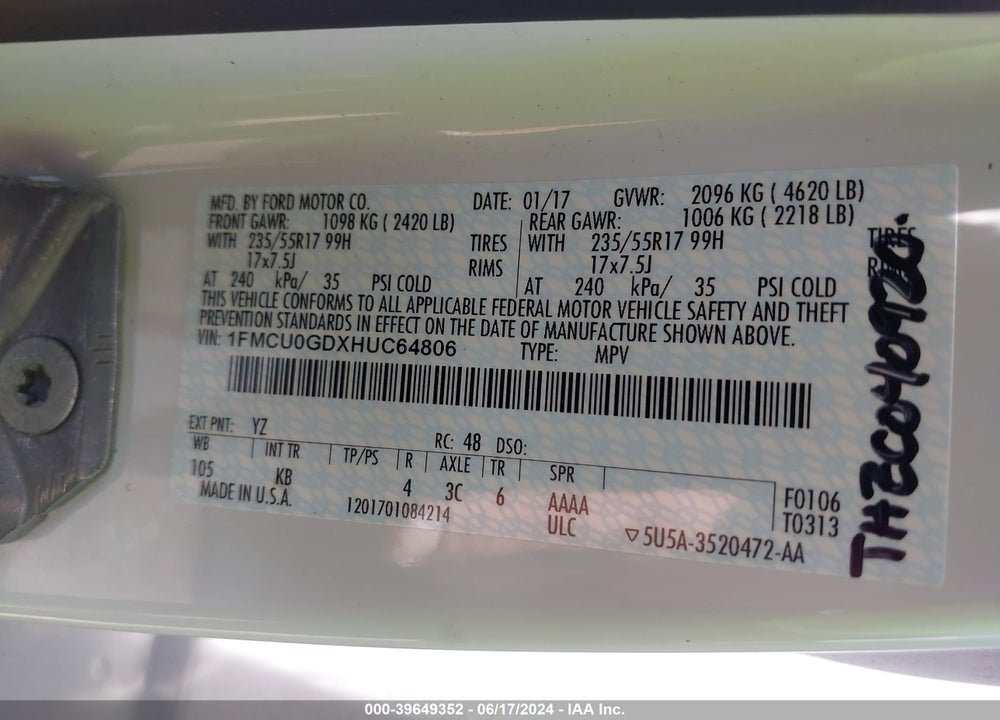 2017 FORD ESCAPE SE VIN: 1FMCU0GDXHUC64806