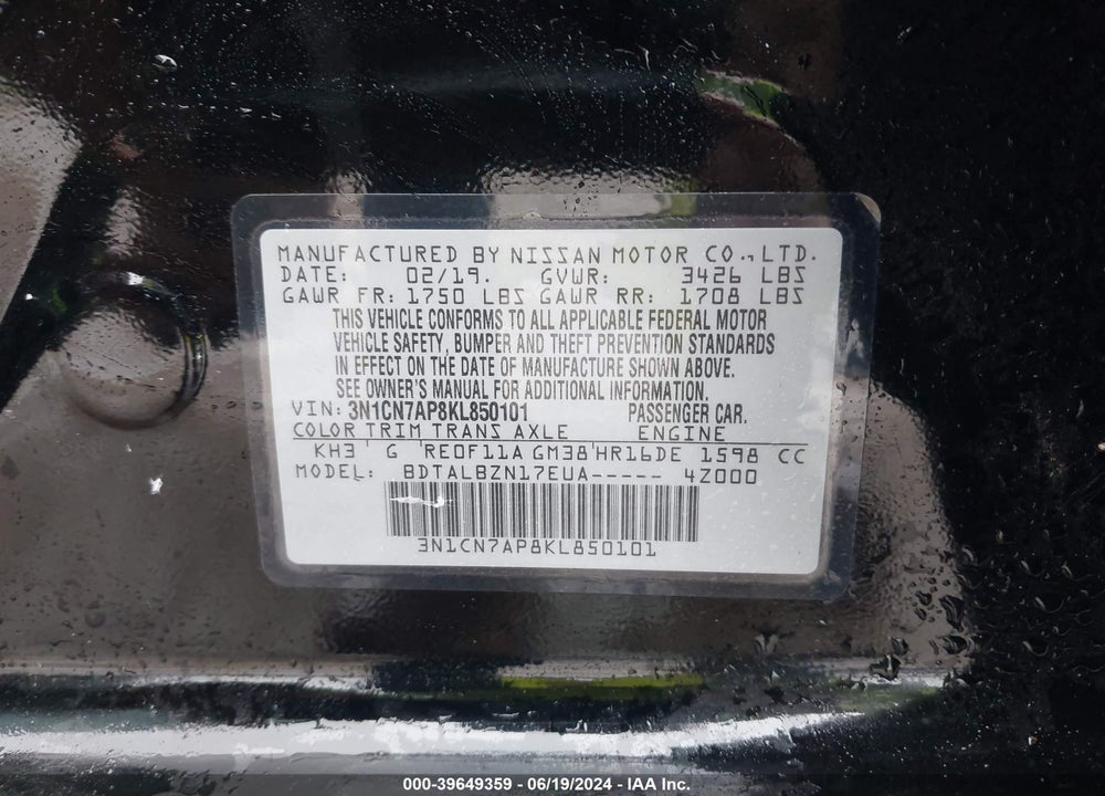 2019 NISSAN VERSA VIN: 3N1CN7AP8KL850101