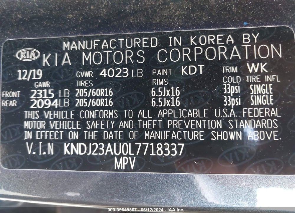 2020 KIA SOUL !/+/S VIN: KNDJ23AU0L7718337