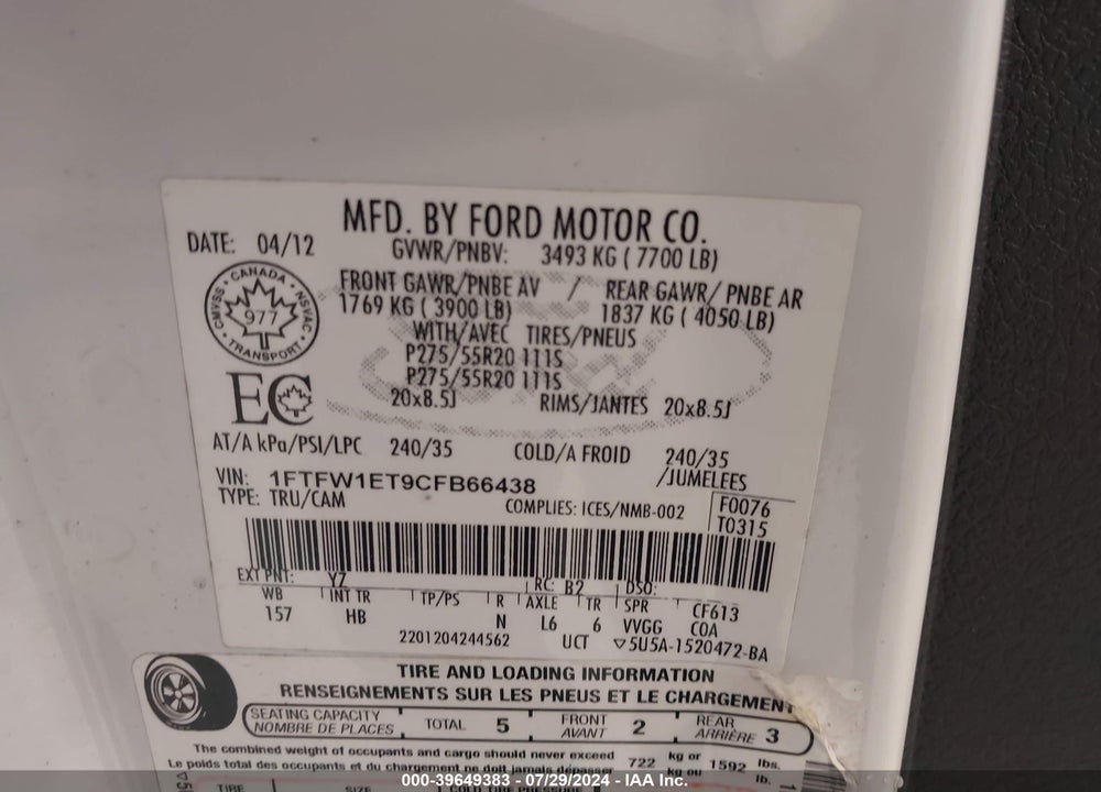 2012 FORD F-150 VIN: 1FTFW1ET9CFB66438