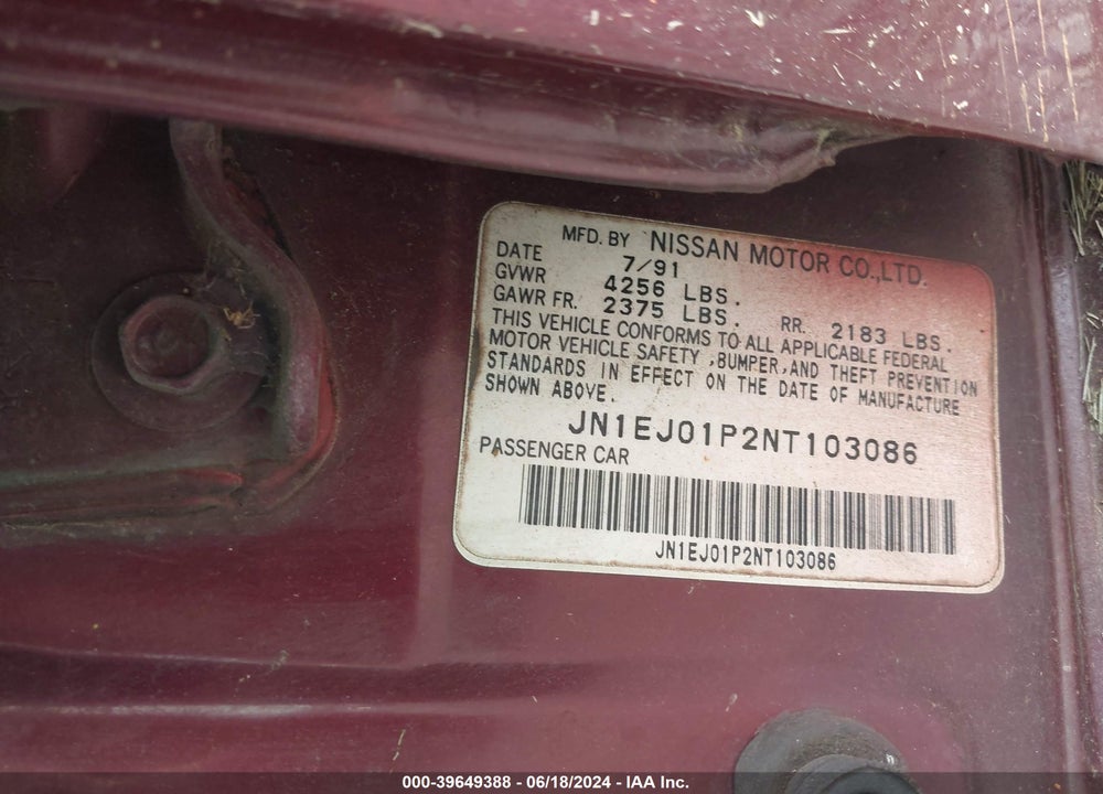 1992 NISSAN MAXIMA SE VIN: JN1EJ01P2NT103086
