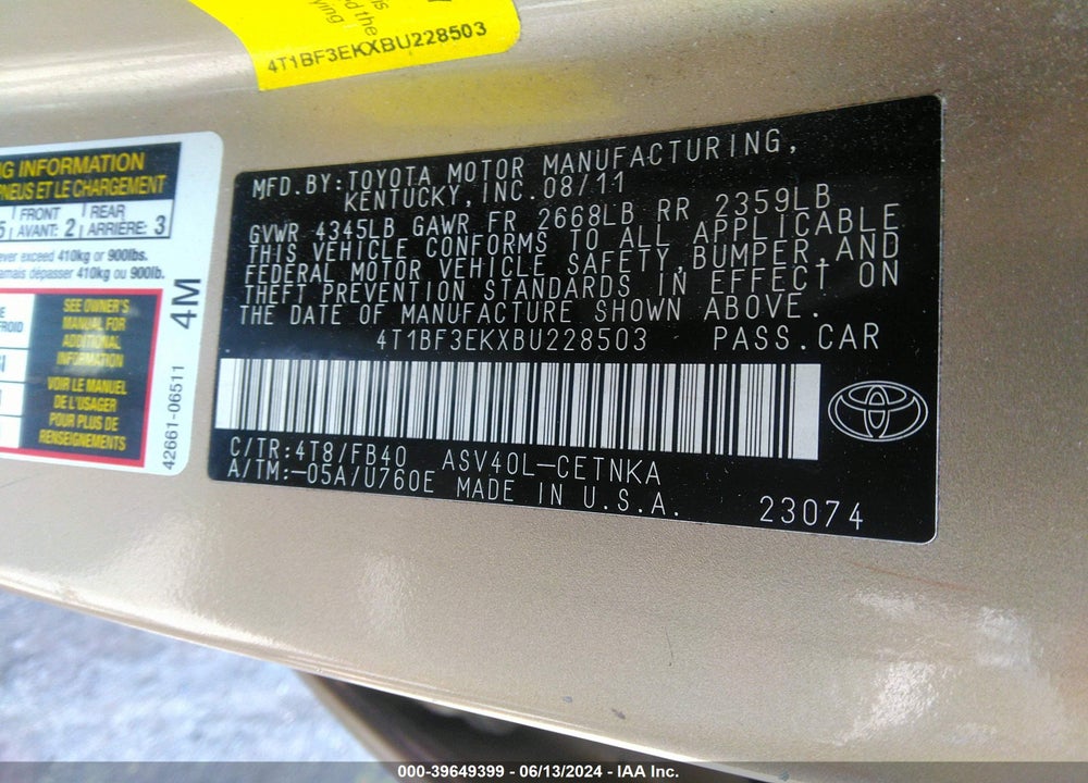 2011 TOYOTA CAMRY LE VIN: 4T1BF3EKXBU228503