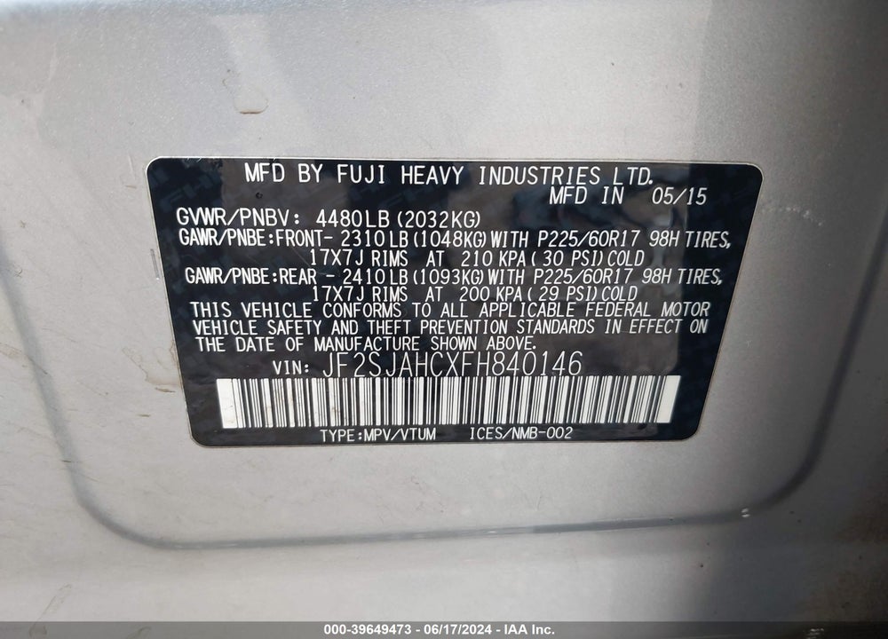 2015 SUBARU FORESTER 2.5I LIMITED VIN: JF2SJAHCXFH840146
