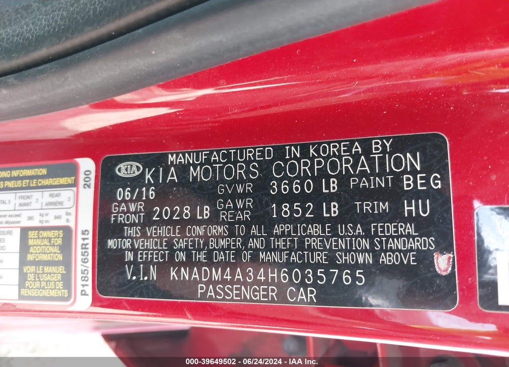 2017 KIA RIO LX VIN: KNADM4A34H6035765