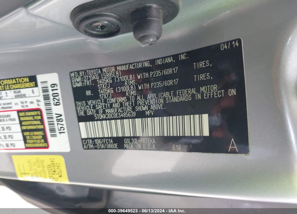 2014 TOYOTA SIENNA LE V6 8 PASSENGER VIN: 5TDKK3DC0ES485639