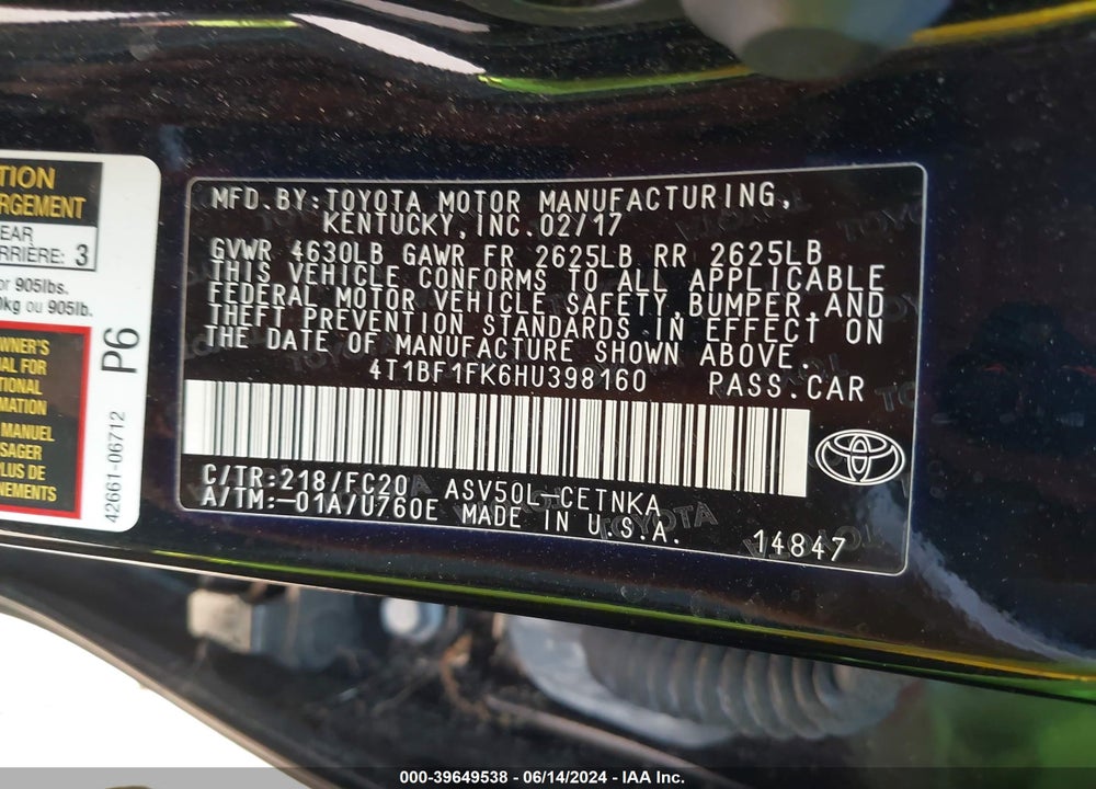 2017 TOYOTA CAMRY LE VIN: 4T1BF1FK6HU398160