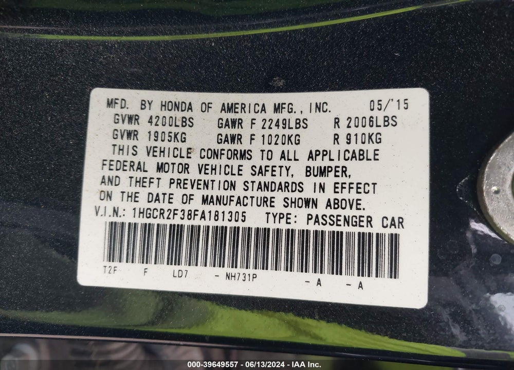 2015 HONDA ACCORD VIN: 1HGCR2F38FA181305