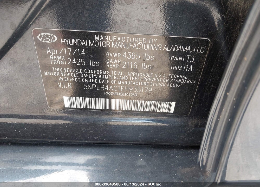 2014 HYUNDAI SONATA GLS VIN: 5NPEB4AC1EH935179