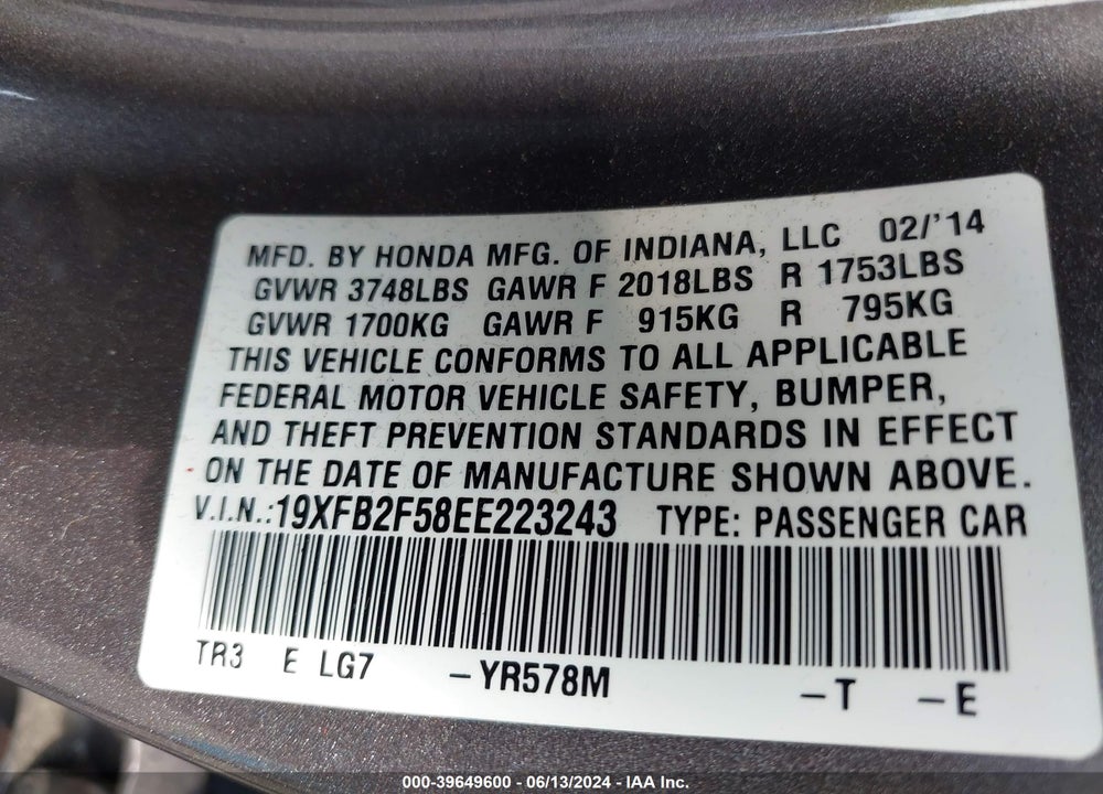 2014 HONDA CIVIC LX VIN: 19XFB2F58EE223243