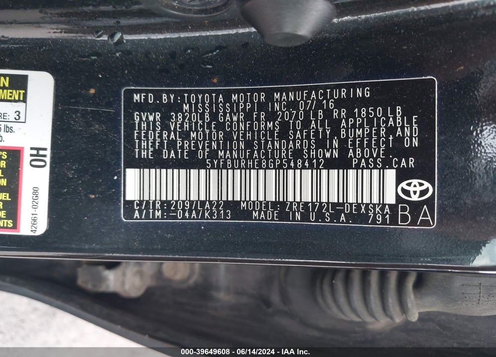 2016 TOYOTA COROLLA S PREMIUM VIN: 5YFBURHE8GP548412