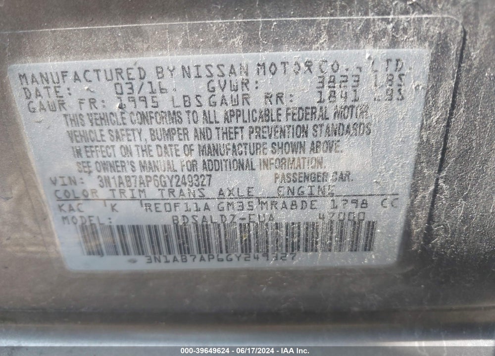 2016 NISSAN SENTRA SV VIN: 3N1AB7AP6GY249327