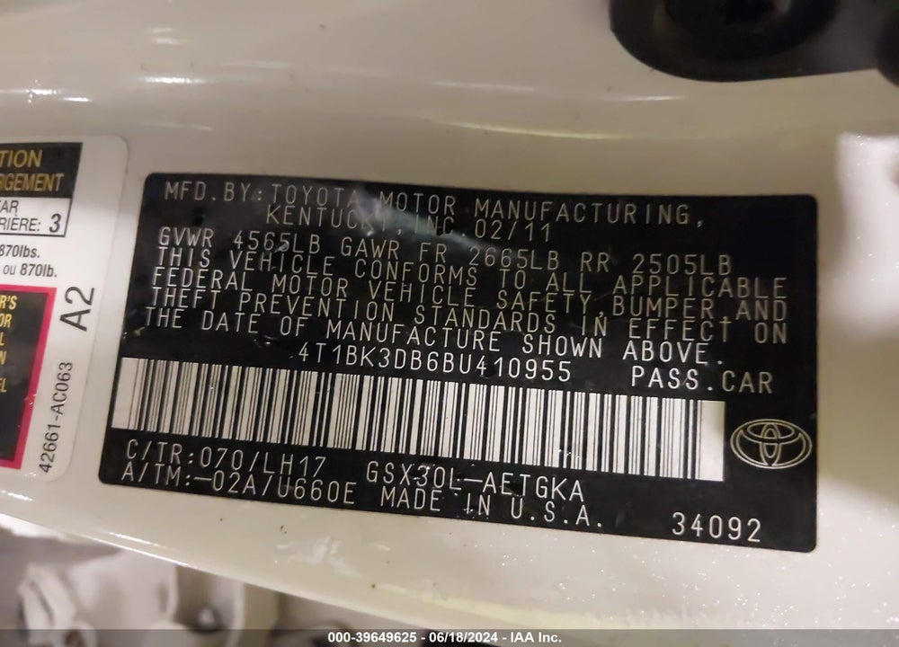 2011 TOYOTA AVALON VIN: 4T1BK3DB6BU410955