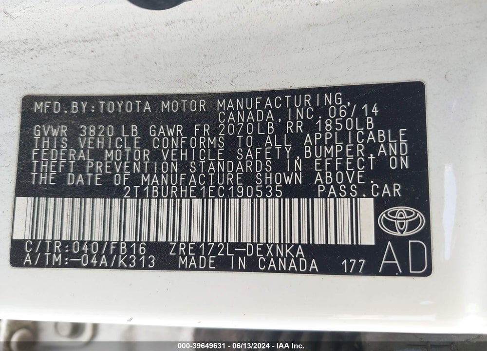 2014 TOYOTA COROLLA LE VIN: 2T1BURHE1EC190535