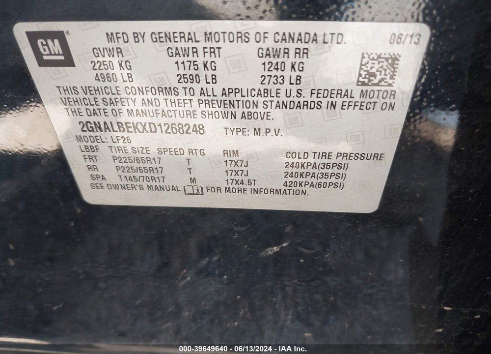 2013 CHEVROLET EQUINOX LS VIN: 2GNALBEKXD1268248