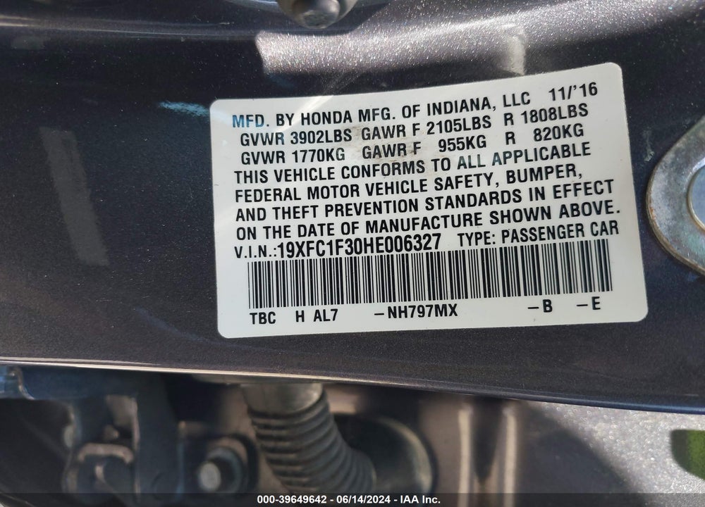 2017 HONDA CIVIC EX-T VIN: 19XFC1F30HE006327