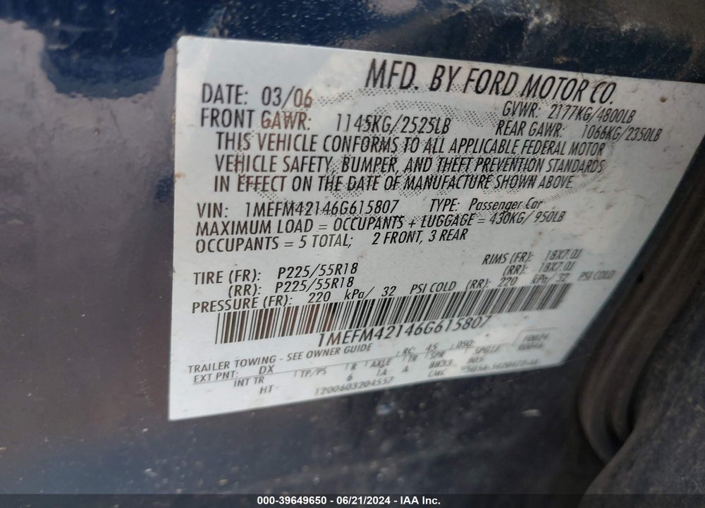 2006 MERCURY MONTEGO PREMIER VIN: 1MEFM42146G615807