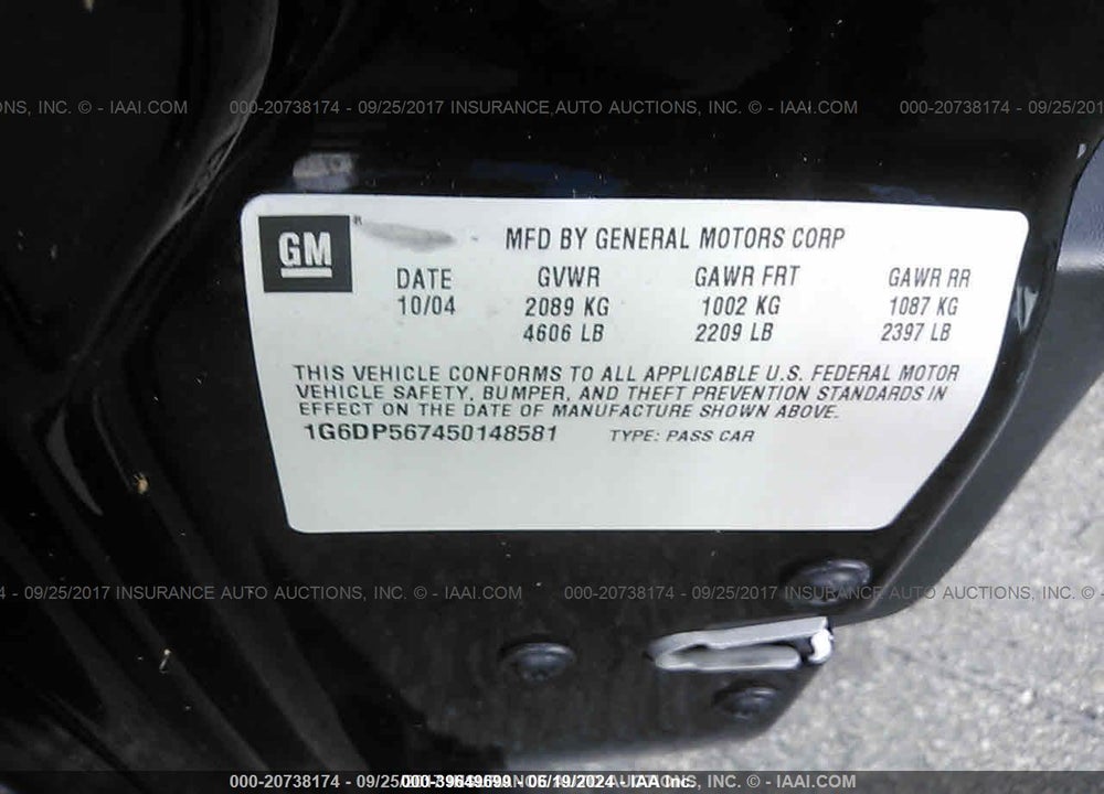 2005 CADILLAC CTS STANDARD VIN: 1G6DP567450148581