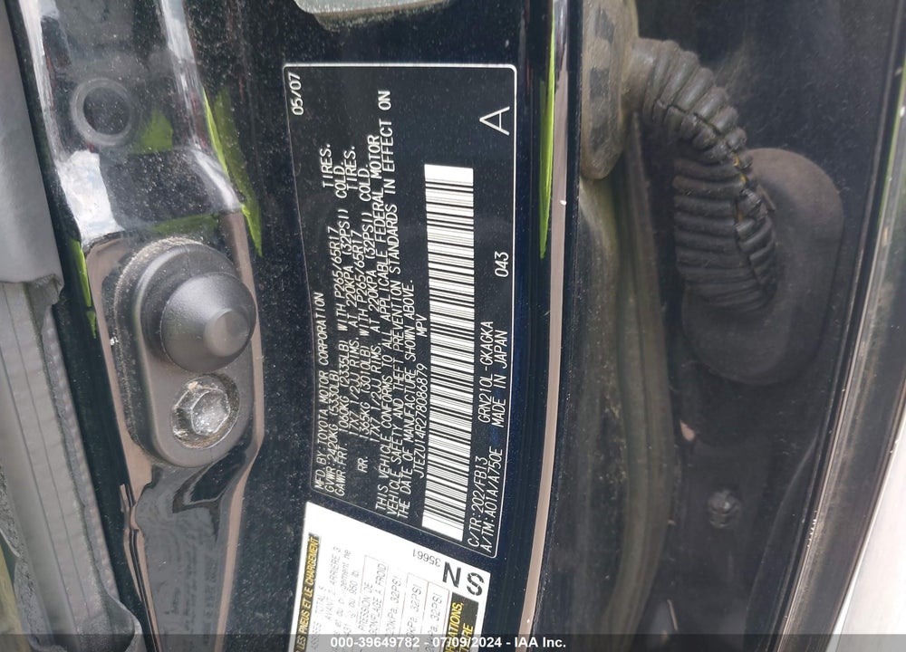 2007 TOYOTA 4RUNNER SPORT V6 VIN: JTEZU14R278086879